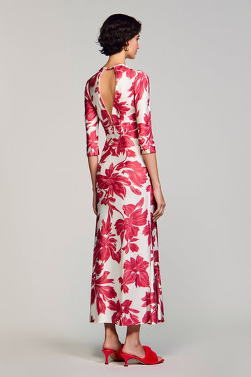 Red Floral Bateau Neck A Line Wedding Guest Dress